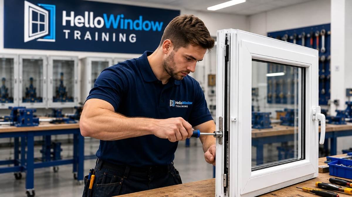 Black trainee repairing a uPVC window hinge and locking mechanism during practical HelloWindow Training workshop.
