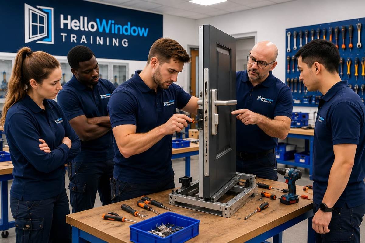 Professional door repair training showing trainees repairing uPVC and composite door locking systems in a modern workshop.