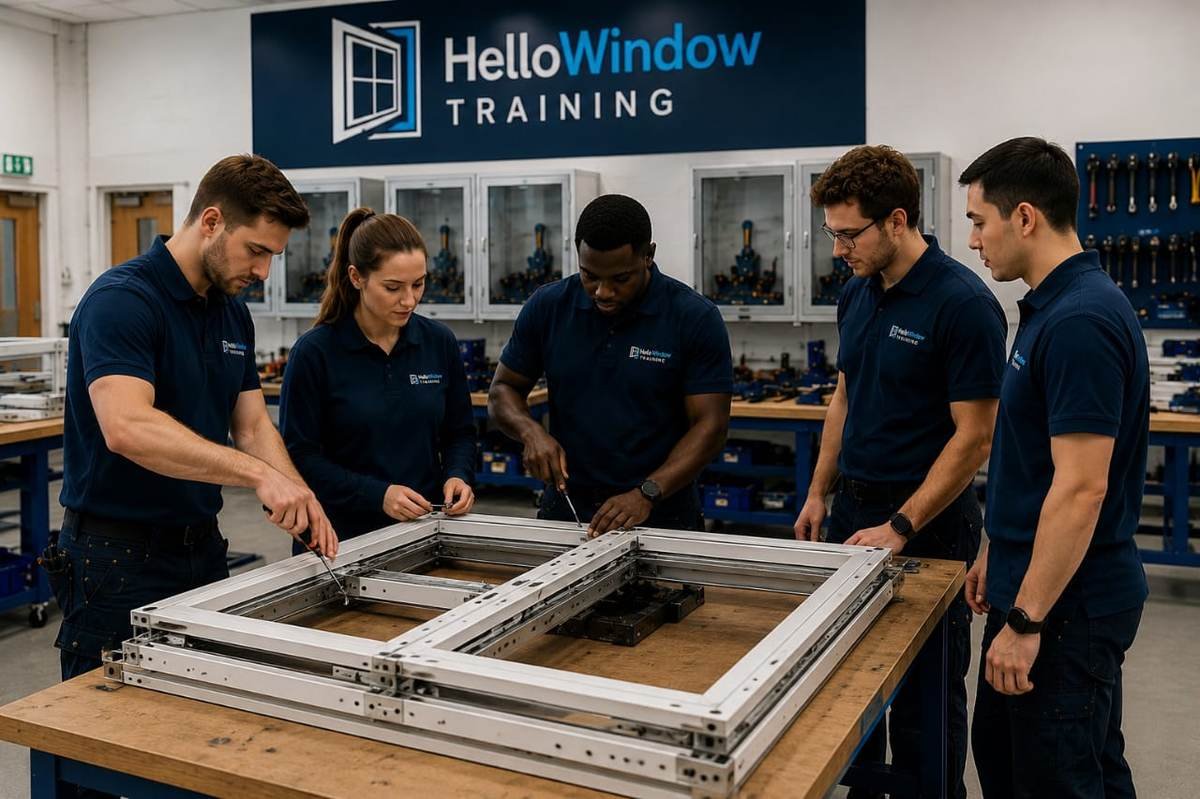 Hands-on door, window and glazing repair training with trainees assembling uPVC window frames in a professional workshop.