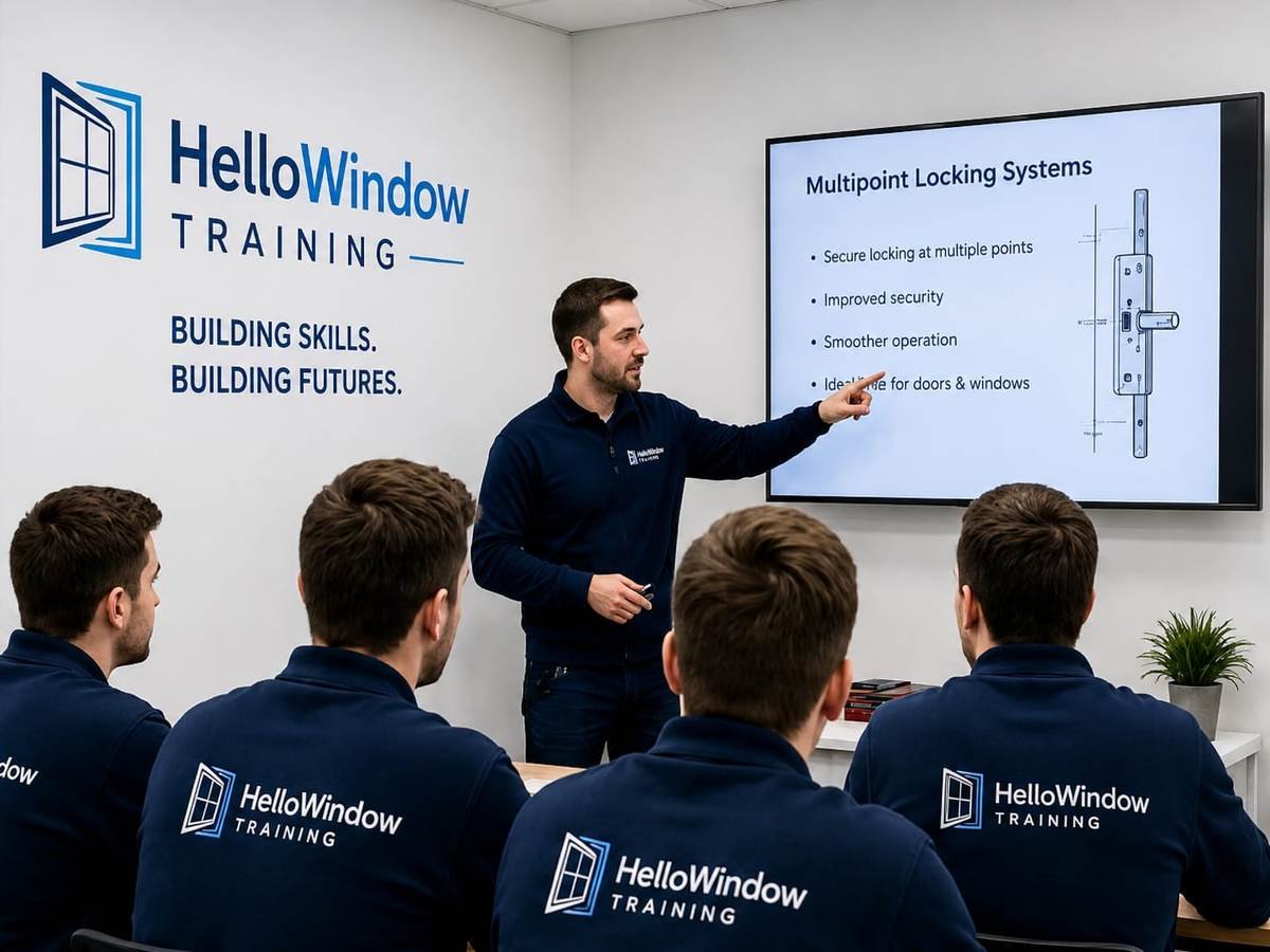 A trainer presenting multipoint locking systems to a HelloWindow Training class