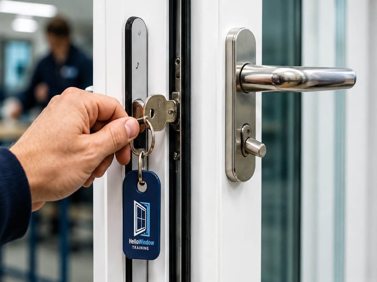 A HelloWindow Training keyring in a multipoint door lock