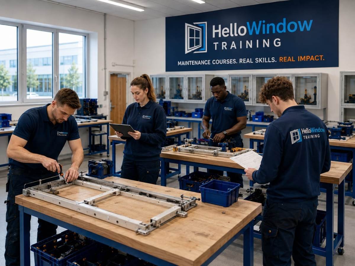 Six trainees learning window and door maintenance skills in a professional training workshop.