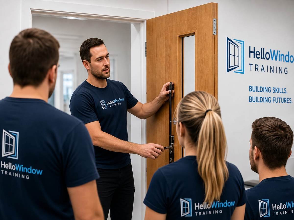 A trainer demonstrating a door lock to a small group of learners