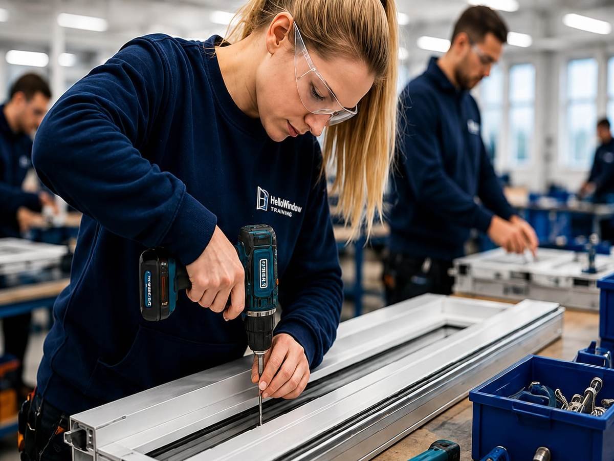 A learner drilling a window frame during hands-on training